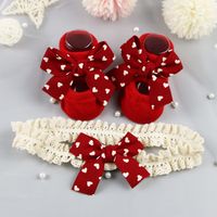 Gift Cotton Heart Red Bow Headband Infant Anti Slip Socks Newborn Baby Girl Socks Socks Headband Set Toddler Floor Socks