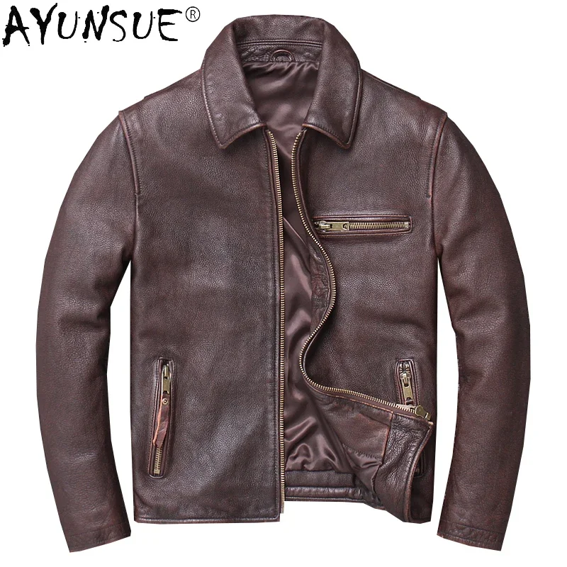 AYUNSUE Men Leather Jackets Vintage Genuine Cowhide Jacket for Men Style Brown Slim Biker Coats New Chaqueta Cuero Hombre SQQ336