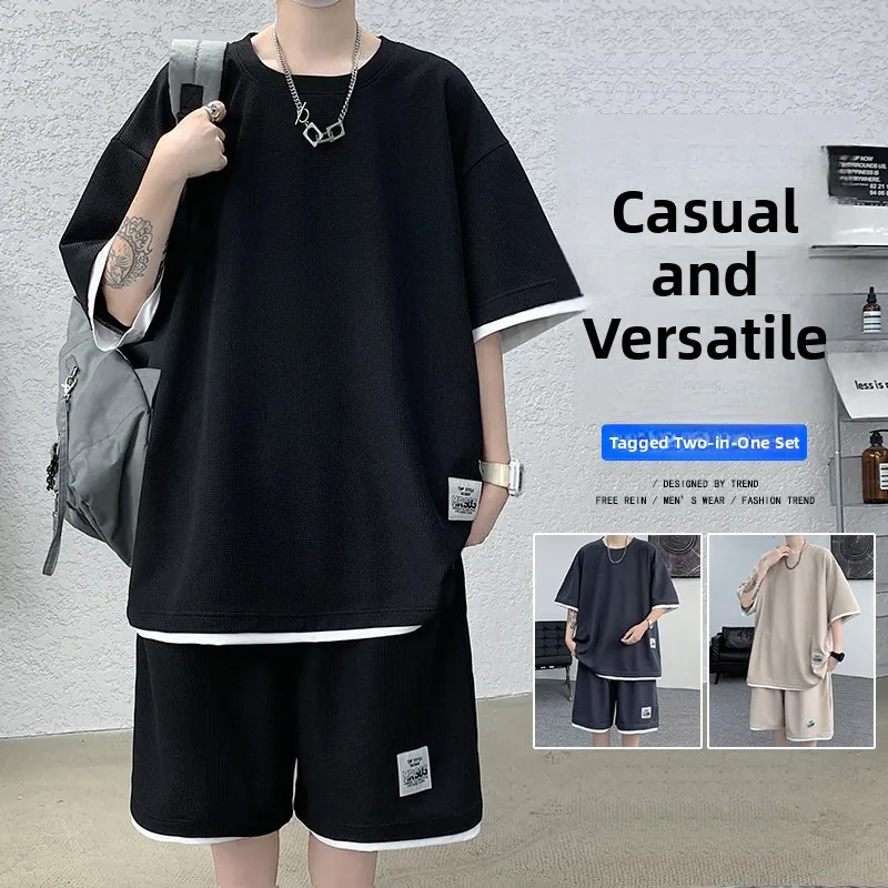 

Faionable Spor комплект из двух предметов для мужчин, летняя свободная простая футболка Label Fitn, повседневная домашняя тонкая футболка ort