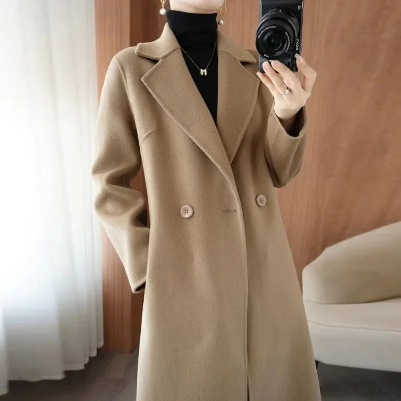 

New Woolen Overcoat Women X-Long Loose Lacing Belt Double Sided 100% Wool Coat Jacket Woolen Overcoat Lace Up Outwear