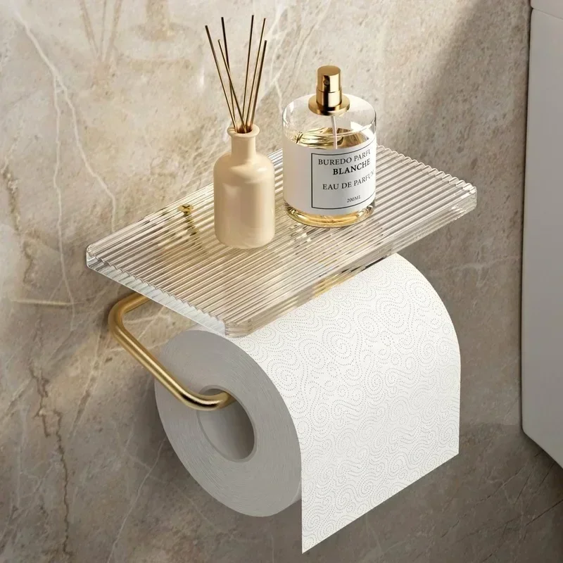 

Luxury Gold Toilet Paper Holder with Shelf No Punching Acrylic Roll Paper Holder Tissue Hanger Bathroom Accessories Bathroom