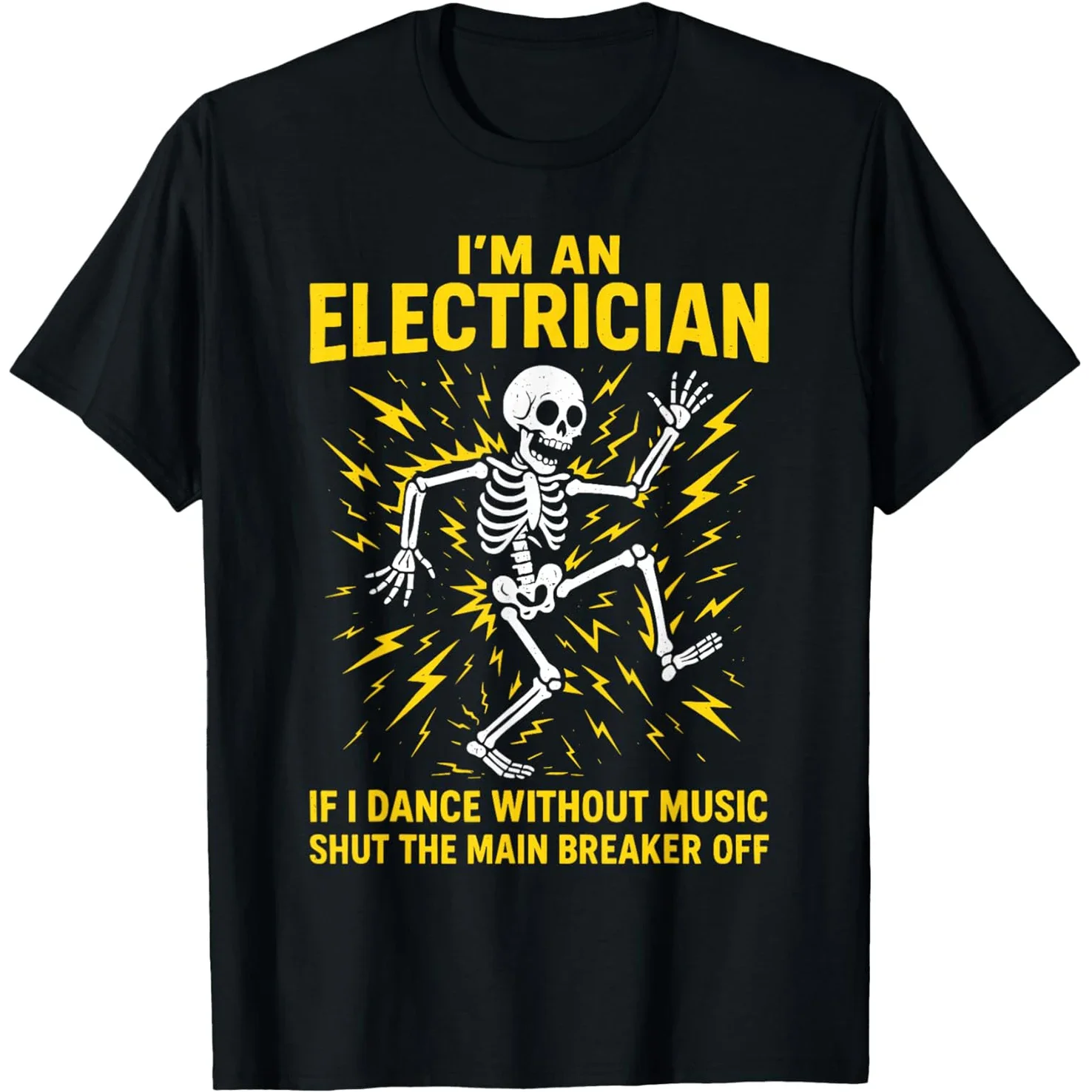 

Electrician Skeleton Dancing Graphic T-Shirt Funny Electric Shock Humor Short Sleeve Cotton Tee for Men
