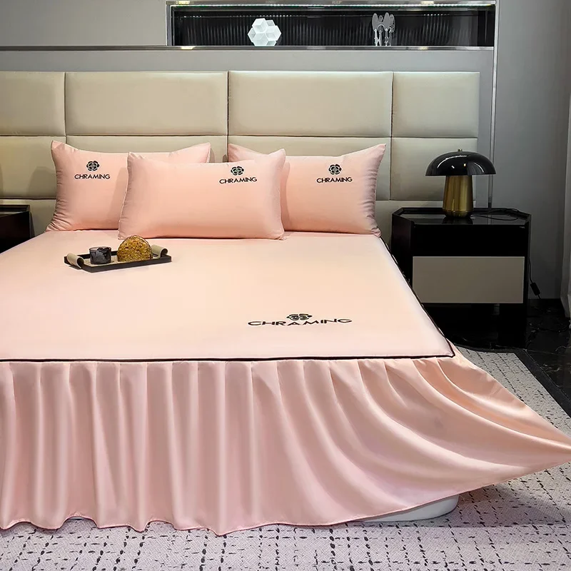 3pcs Pink Ice Silk Embroidered Bed Skirt Set Smooth Soft Bedding with 2 Pillowcases Adult Kid Solid Color Letter Print Bed Skirt