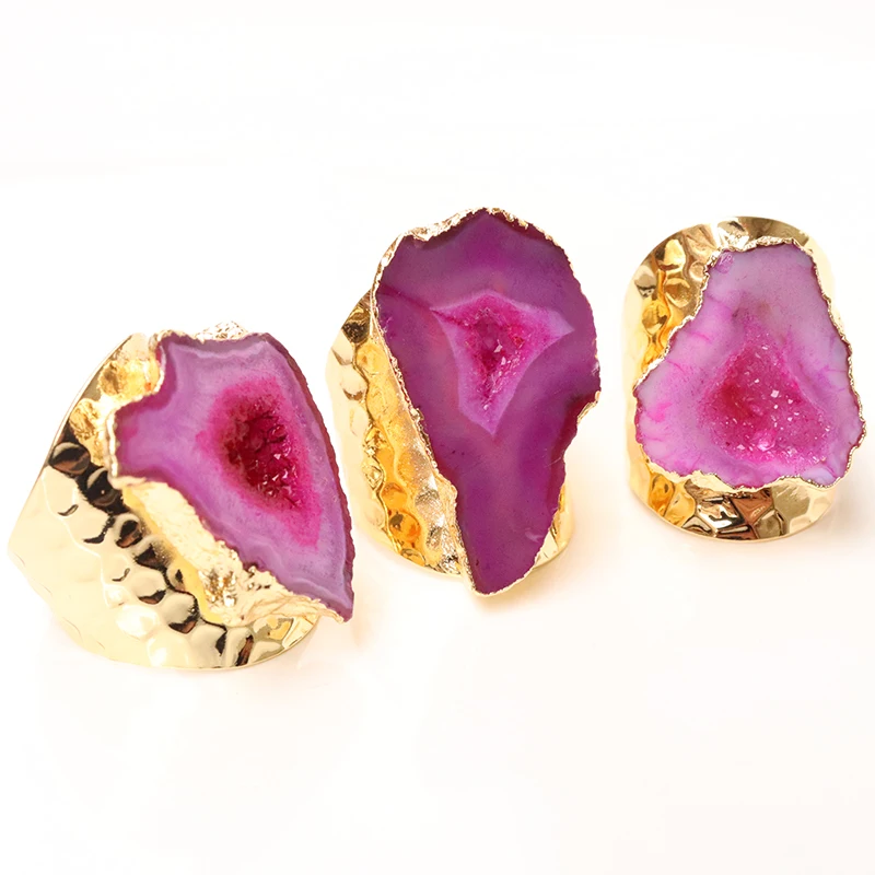 OUENGE Natural Stone Rings OG015 Irregular Geode Genuine Stone Hole Open Purple Crystal Ring for Women Adjustable 1pcs Random