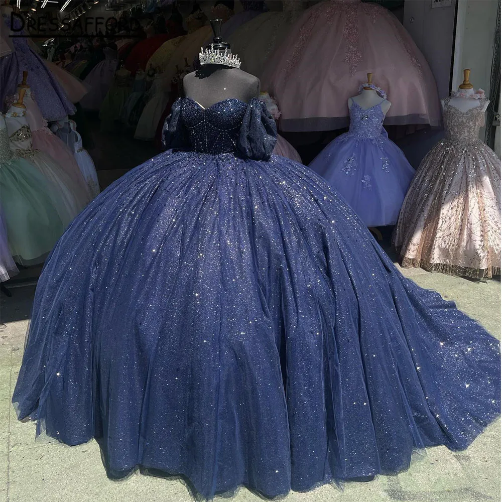 فساتين Quinceanera أميرة الكرة فستان أزرق كحلي 2023 مطرز حلو 16 فستان Vestidos De 15 años