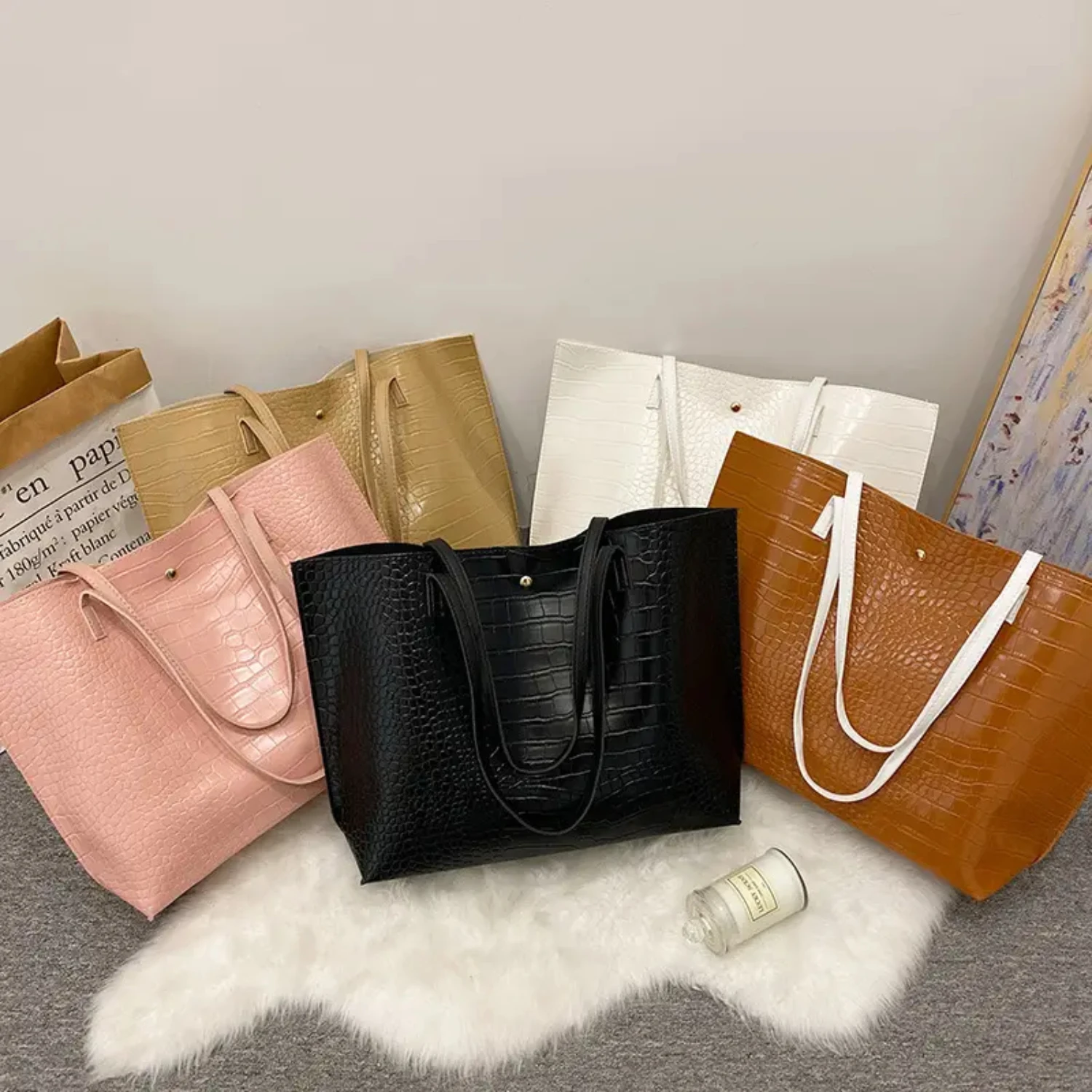 Large Capacity Tote Bag, Crocodile Pattern Handbag, Women's Casual Shoulder Bag For Work