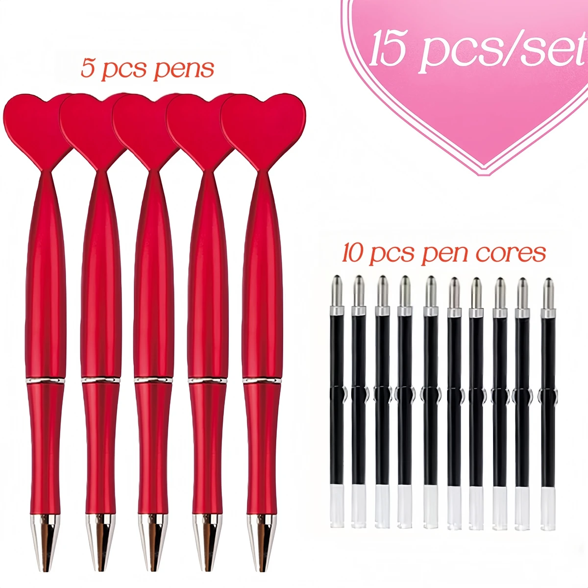5-Pack Rotating Push-Type Heart Ballpoint Pens With 10 Pen Refills For Writing, Signing, Calligraphy Practice, And Rolling Pens