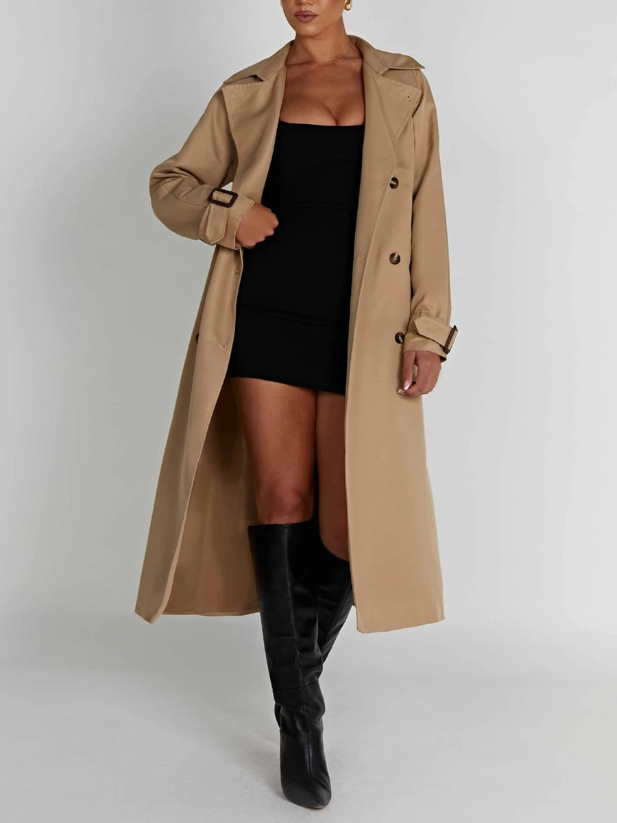 Women Casual Trench Coat Double Breasted Long Sleeve Windbreaker Jacket with Belt Streetwear Outerwear