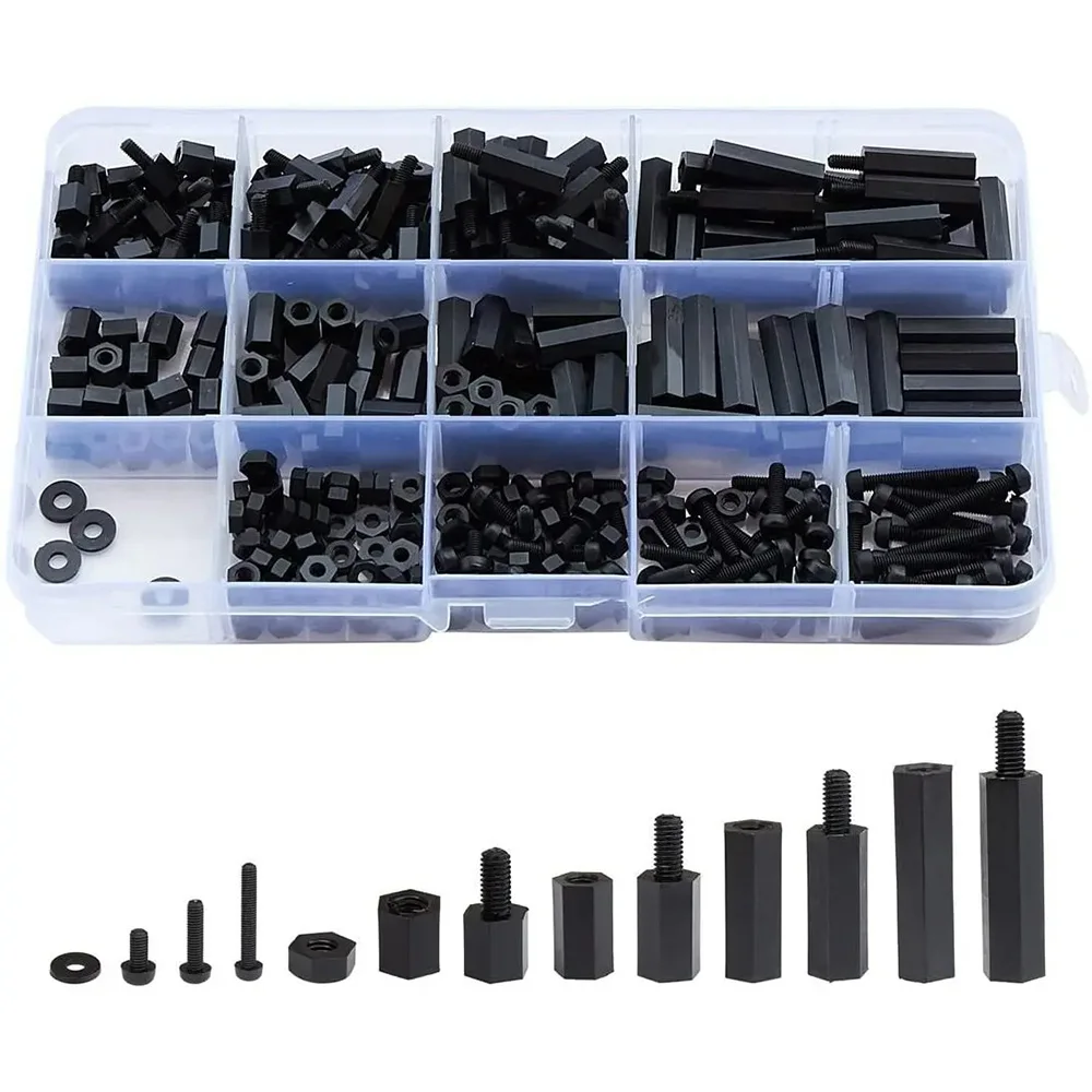 320PCS M2 Black Hex Nylon Standoff Spacer Column Flat Head Nylon Plastic Spacing Screws Nuts