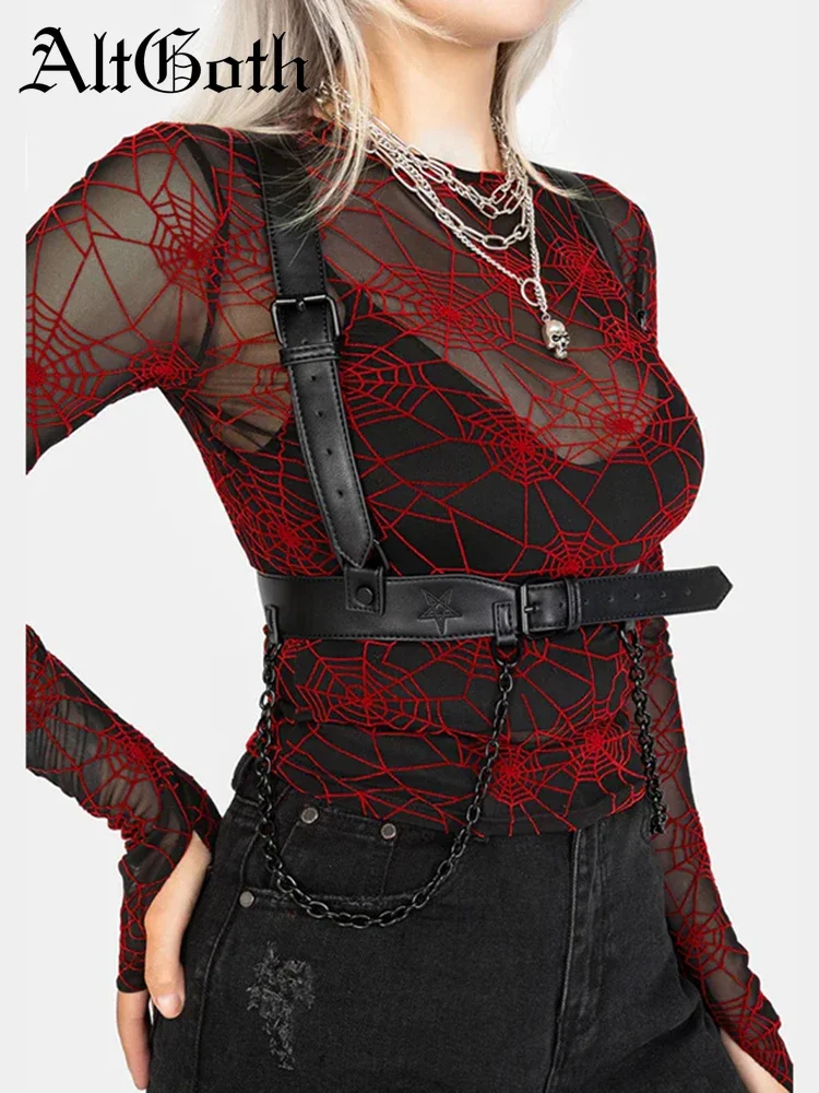 AltGoth Mall Goth Red Spider Web T-shirt Women Streetwear Cyber Punk See Through Mesh Crop Tee Tops Halloween Y2k Indie Clothes