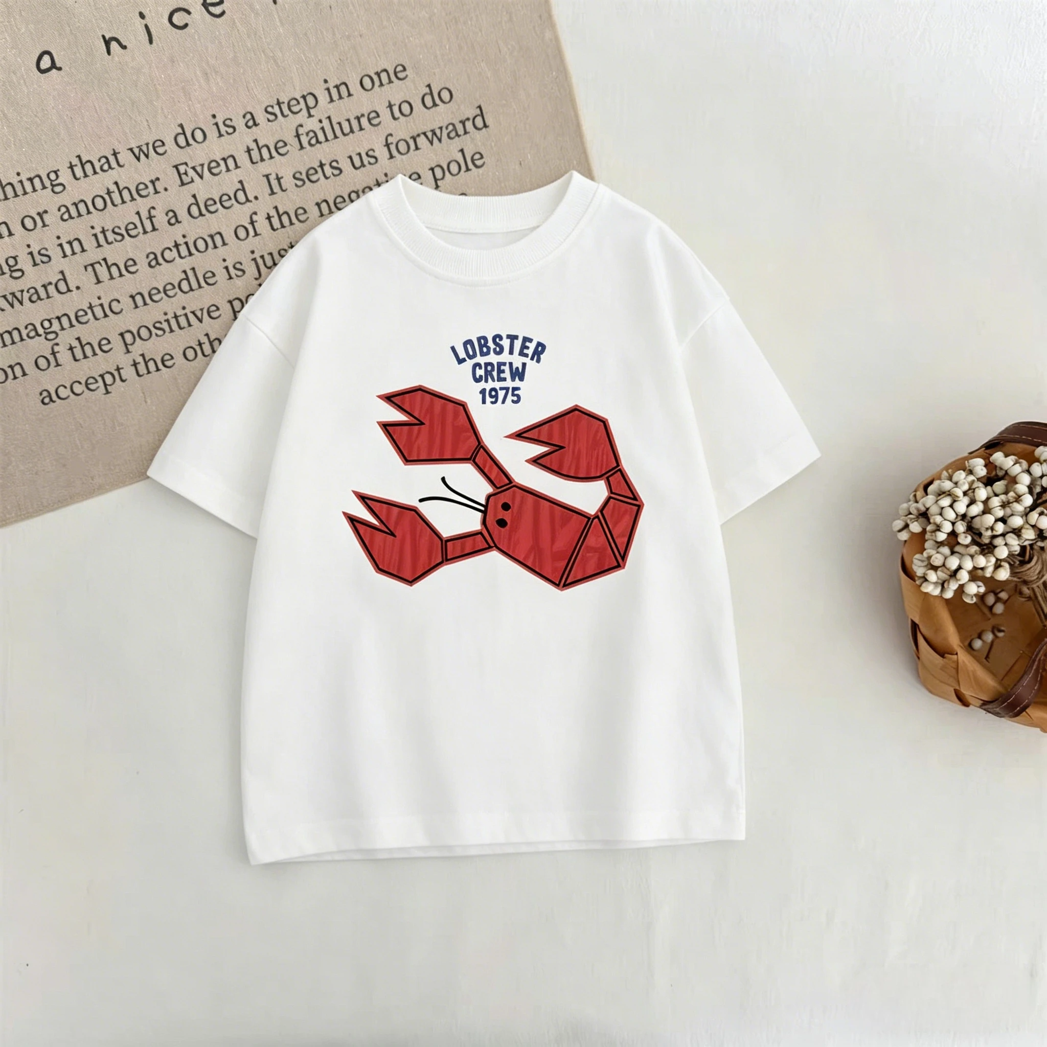 Kids Retro Marine Animal Print Short Sleeve T Shirt Summer Casual Cotton Tee For Boys And Girls Trendy Lobster Crab Graphic Tops