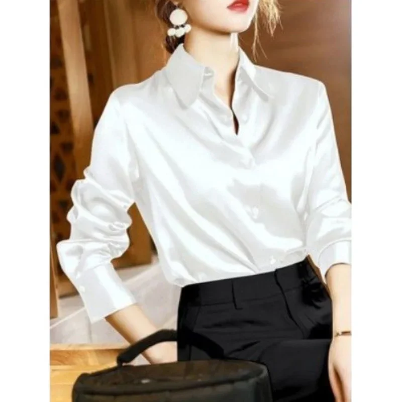 POCZCIY 2024 Autumn Fashion Women\'s Casual Elegant Satin Long Sleeved Shirt Office Women\'s Shirts And Blouses Slim Femal Clothes