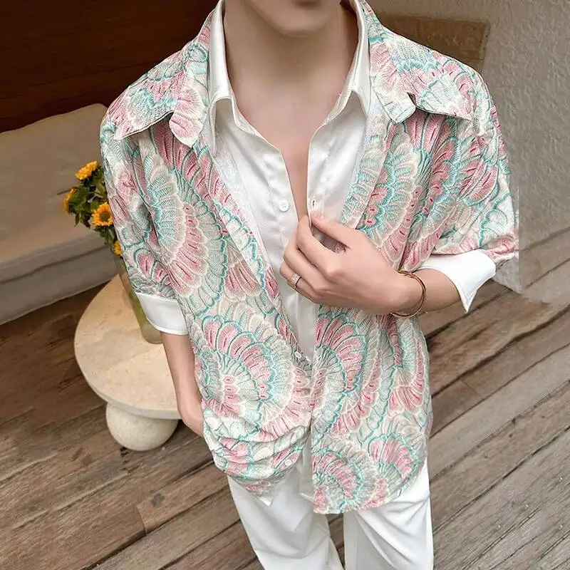 Men's Short Sleeve Shirt Pink Blue Faux Two Piece Pathwork Design Short Sleeve Printed Summer Blouset Tops Niche GPQO