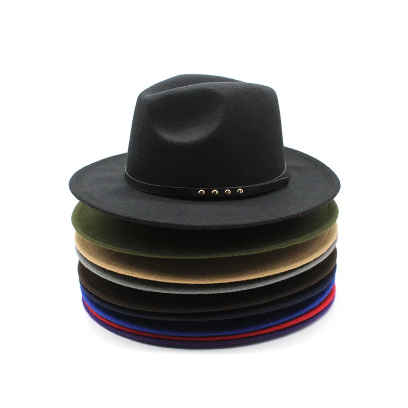 Foreign Trade Belt Decoration Black Woolen Hat Retro Flat Brim Top Hat Jazz Hat Woolen Jazz Hat