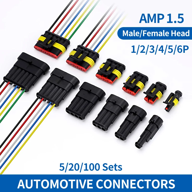 

5/20/100 sets AMP 1P 2P 3P 4P 5P 6P Waterproof Auto Connector Male Female Plug with 15CM 18AWG Wire Cable HID harness for Car