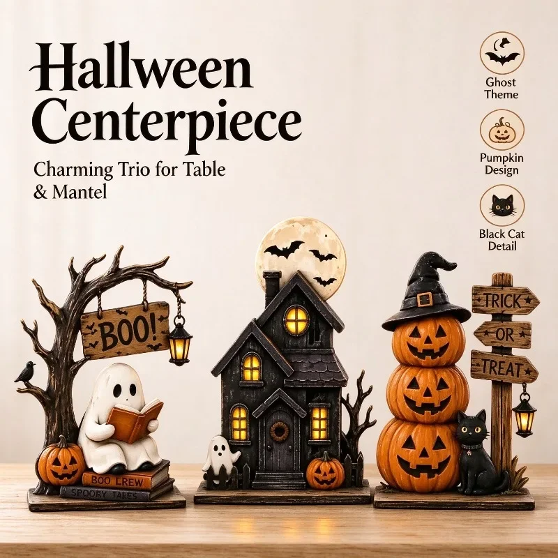 Vintage Halloween Wooden Ornaments 2D Flat Reading Ghosts Haunted House Pumpkin Figurines Desktop Party Decor Home Accessories