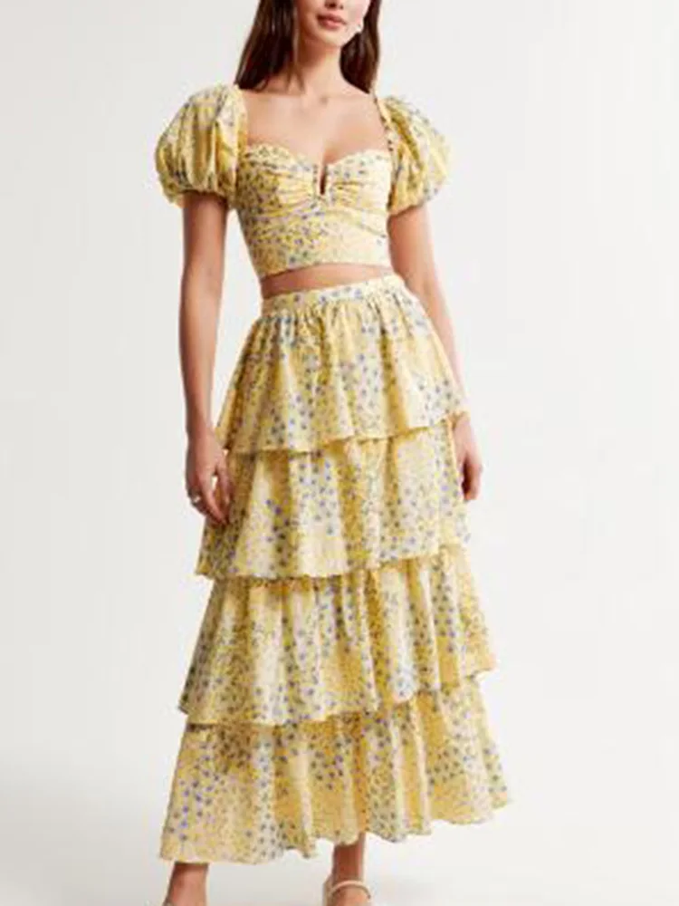 

Summer Floral Print Maxi Dress Ladies High Quality Casual 2Piece Sexy Crop Ruffle Top And Puff Skirt Set