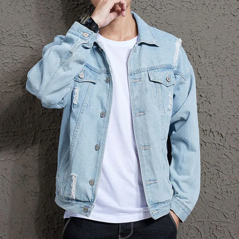 Luxury Brand Worn-out Denim Jackets For Men Autumn Winter Casual Light Blue Ruffian Jacket Coats