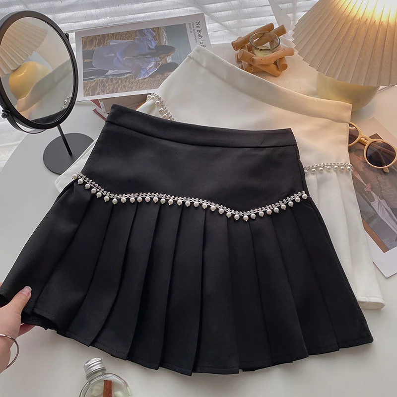 Faldas plisadas de cintura alta para Mujer, Faldas cortas coreanas con diamantes, color blanco y negro, 2024