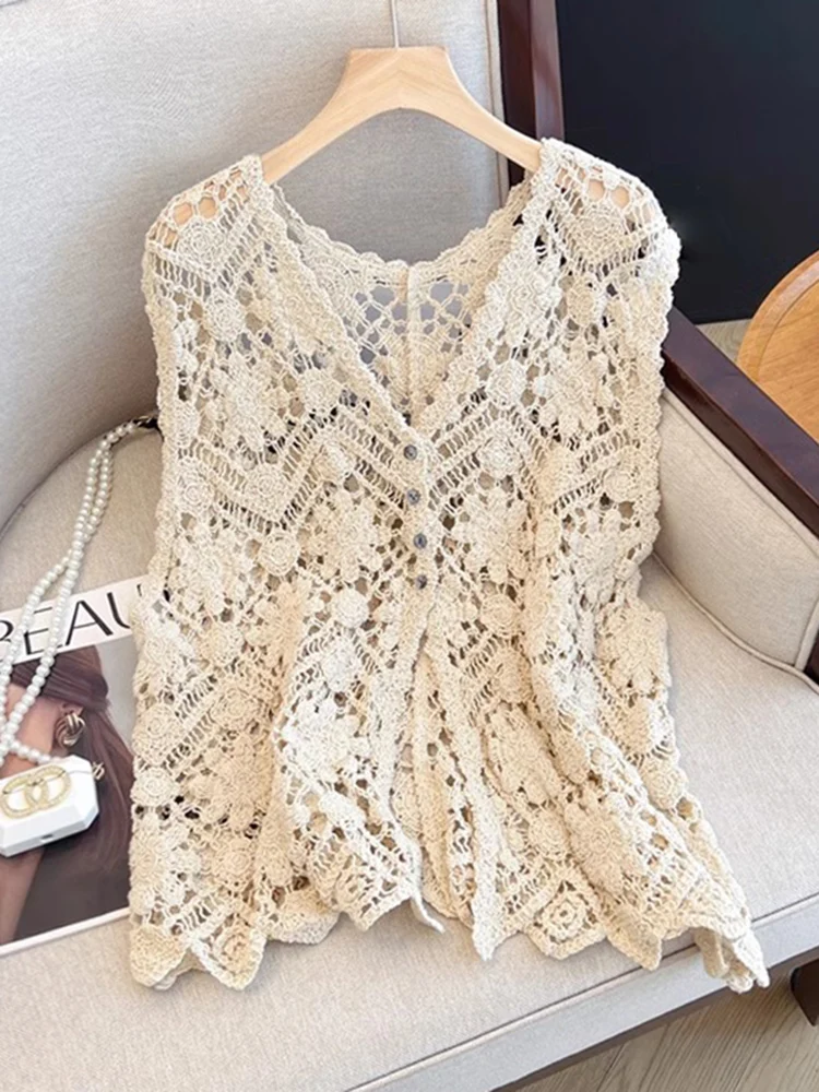

Women's V-Ne Hollow out Hook Embroidery Tank Top Outerwear Summer plus Size Faionable Layering Clothing
