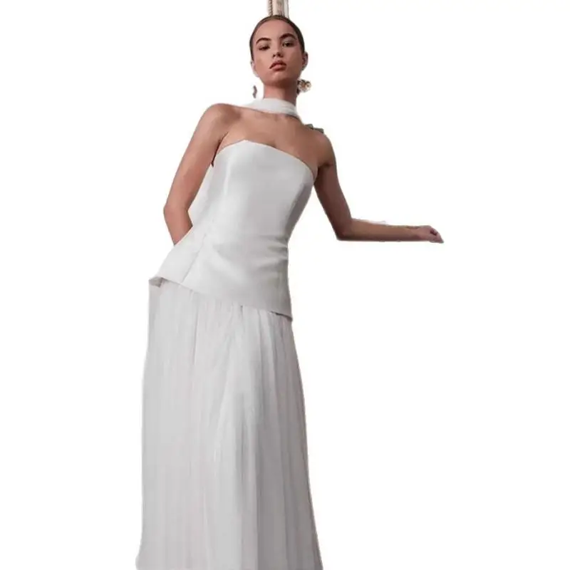 Branco sem alças cetim malha emenda luz vestido de casamento temperamento malha pendurado pescoço fita banquete vestido de dama de honra personalizado