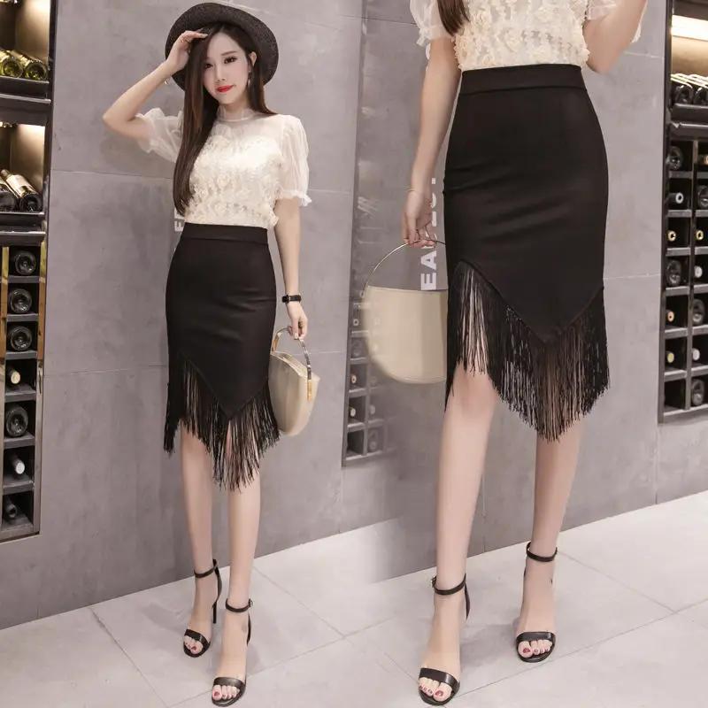 Korean Fashion Tassel Splicing Asymmetrical Knee Skirts Woman Clothing 2023 Summer New Office Lady Elegant Commute Bag Hip Skirt