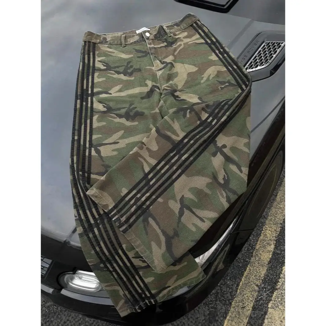 

Camouflage Striped Workwear Casual Pants Wide Leg Long Trousers Men's High Waist Retro Sle Special Wide Fit een Color
