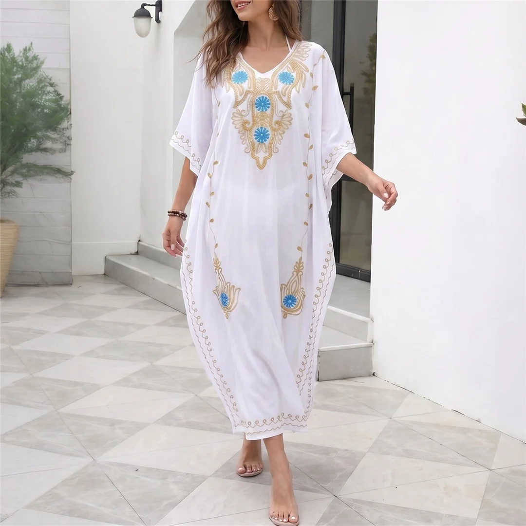 Bedrucktes Halbarm-Strickkleid mit V-Ausschnitt, Häkel-Strick-Tunika, Strand-Cover-Up, Strandkleid, Strandmode, Damen V8318 – Detail 5
