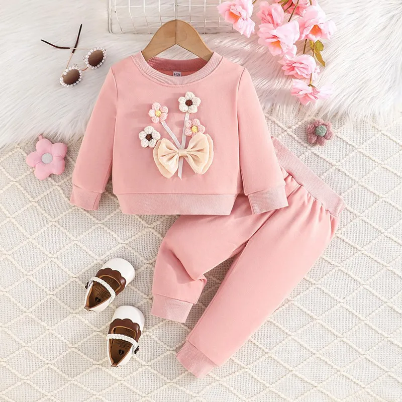 Spring Autumn Infant Clothes Set Flower Decor Long Sleeve Sweatshirts+Solid Pants Baby Girls Fashion Designed Casual Outing Suit