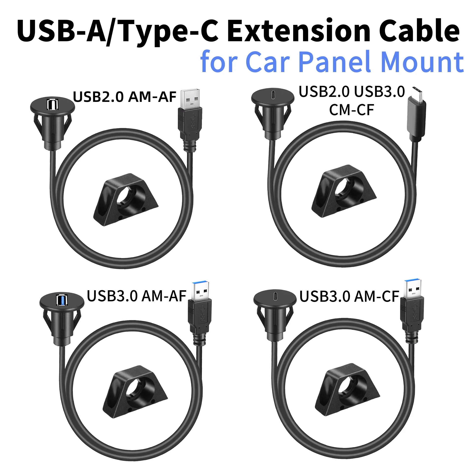1M USB 2.0/3.0 Cable Type C Male To Female Flush Mount Panel Extension Cord with Buckle for Car Truck Boat Motorcycle Dashboard