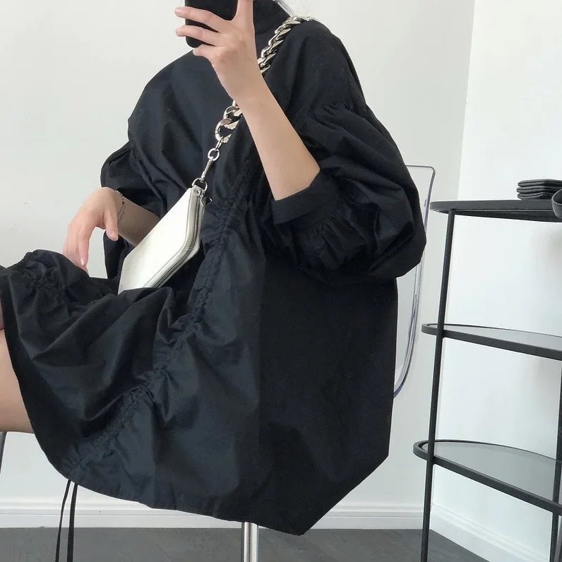 Moda irregular vestido feminino gola lanterna mangas cordão designer solto casual preto branco curto camisa vestidos