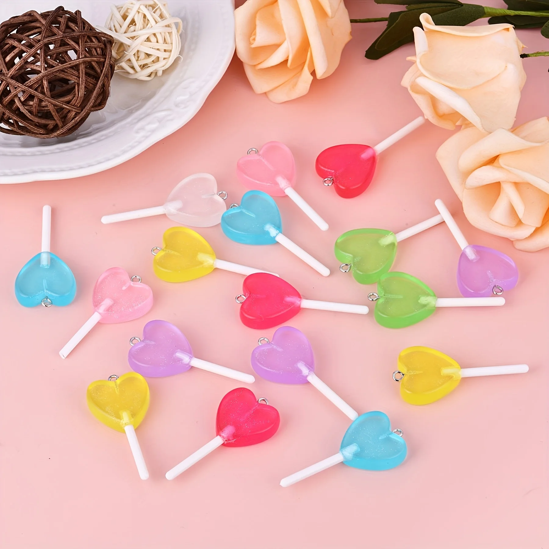 10Pcs Random Mixed Color Heart Shape Lollipop Charms Luminous Resin Pendants for Jewelry Making DIY Handmade Necklace Keychain - Image 3