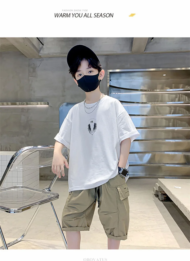 Neues Modisches Tween-Jungen-Sommer-T-Shirt mit Flügeln auf dem Rücken Kinder Teenager Kurzarm-T-Shirt Outfit Kinder Casual Streetwear Top – Detail 3