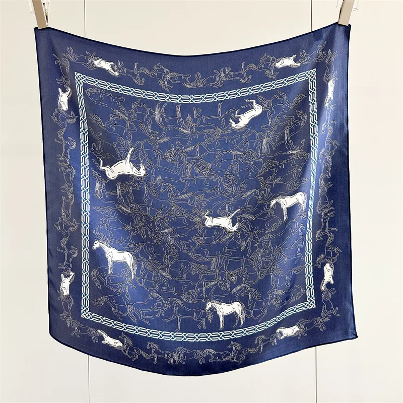 65x65cm 100% MULBERRY SILK Square Scarf Vintage Equestrian Horse Line Art Print Satin Silk Bandana Neck Scarf For Women Gift