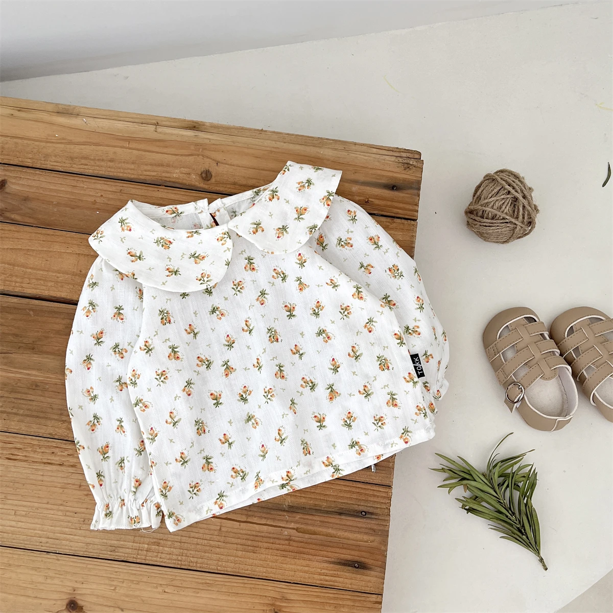 Spring And Autumn Newborn Baby Girls Baby Tee Cotton O-neck Floral Sweet Travel Solid Long-sleeved Korean Fashion Soft Casual