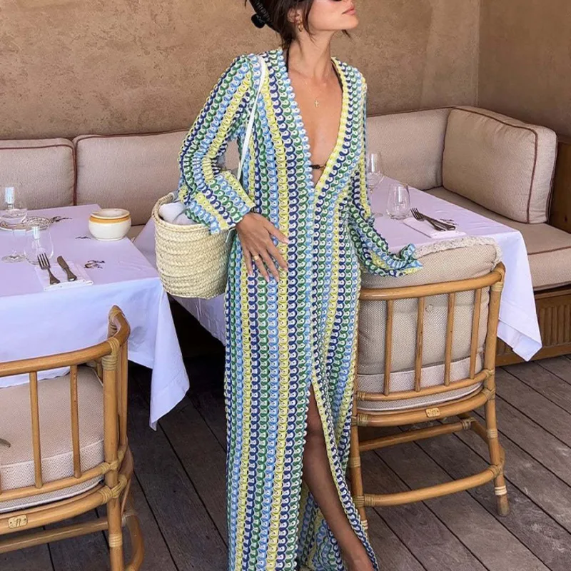 

Lace Beach Dress V-neck Hollowed Out Slit One-piece Design Women Elegant Geometric Pattern Vacation Style Long Skirt For Summer