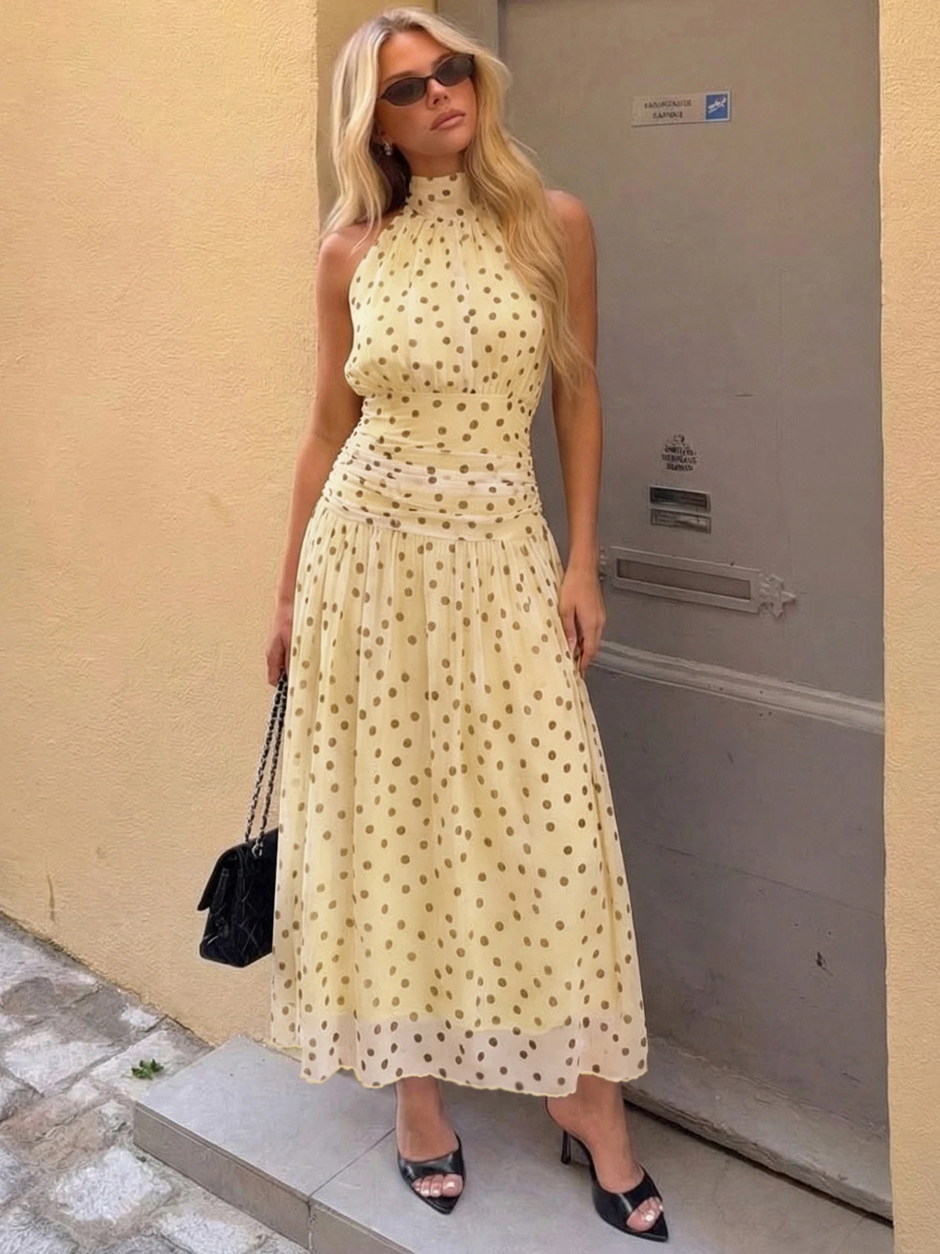 Hugcitar Elegantes, ärmelloses, rückenfreies Midikleid mit Polka-Dot-Print, Bandage-Patchwork-Mesh-Sommerkleid für Damen, Geburtstag, Patry, Festival