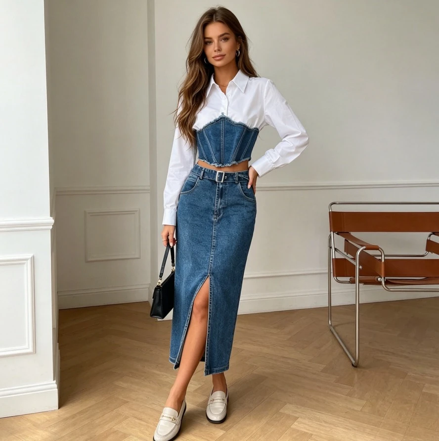 Denim-Zweiteiler für Damen: Hemd mit Umlegekragen und langen Ärmeln, langer A-Linien-Rock mit Gürtel, hohe Taille, elegant für die Arbeit, Frühling