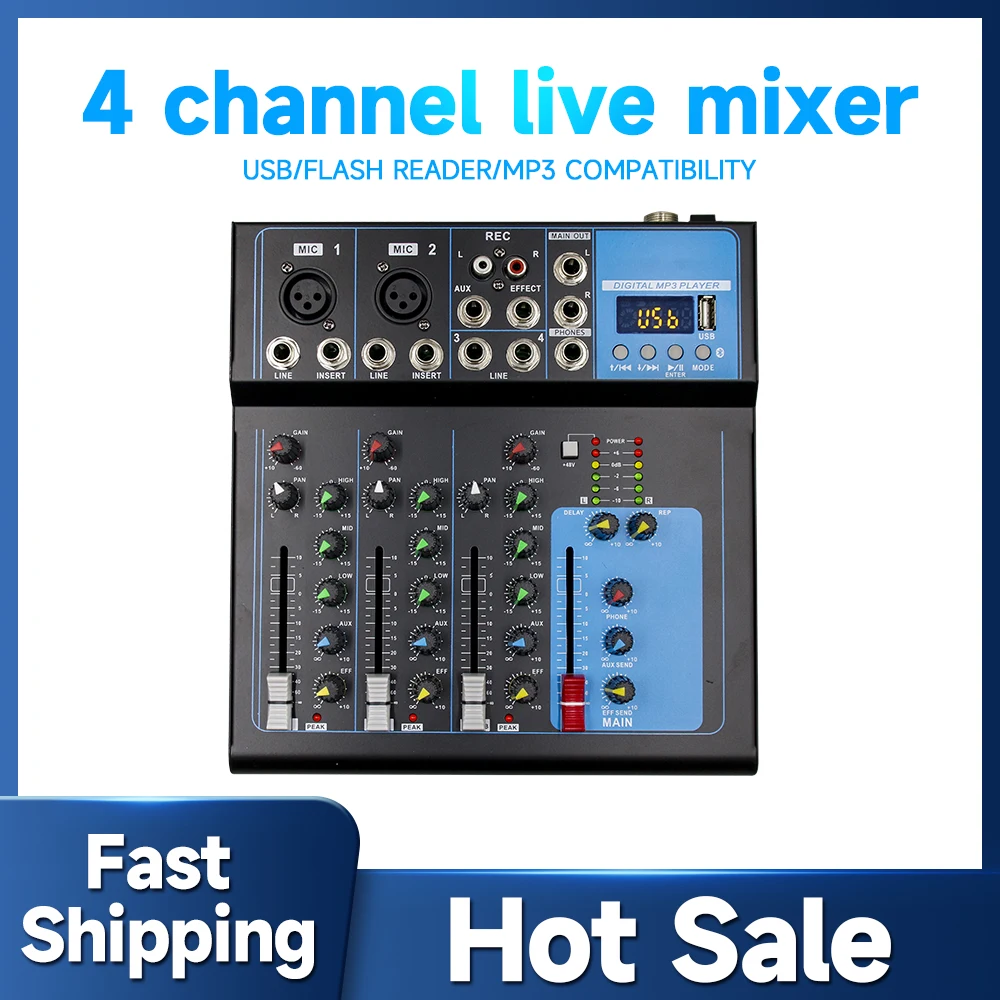 

4 Channels Audio Mixer With 99DSP Bluetooth USB 48V Phantom Power Delay Mixing Console PC Recording T4 Mixer Audio