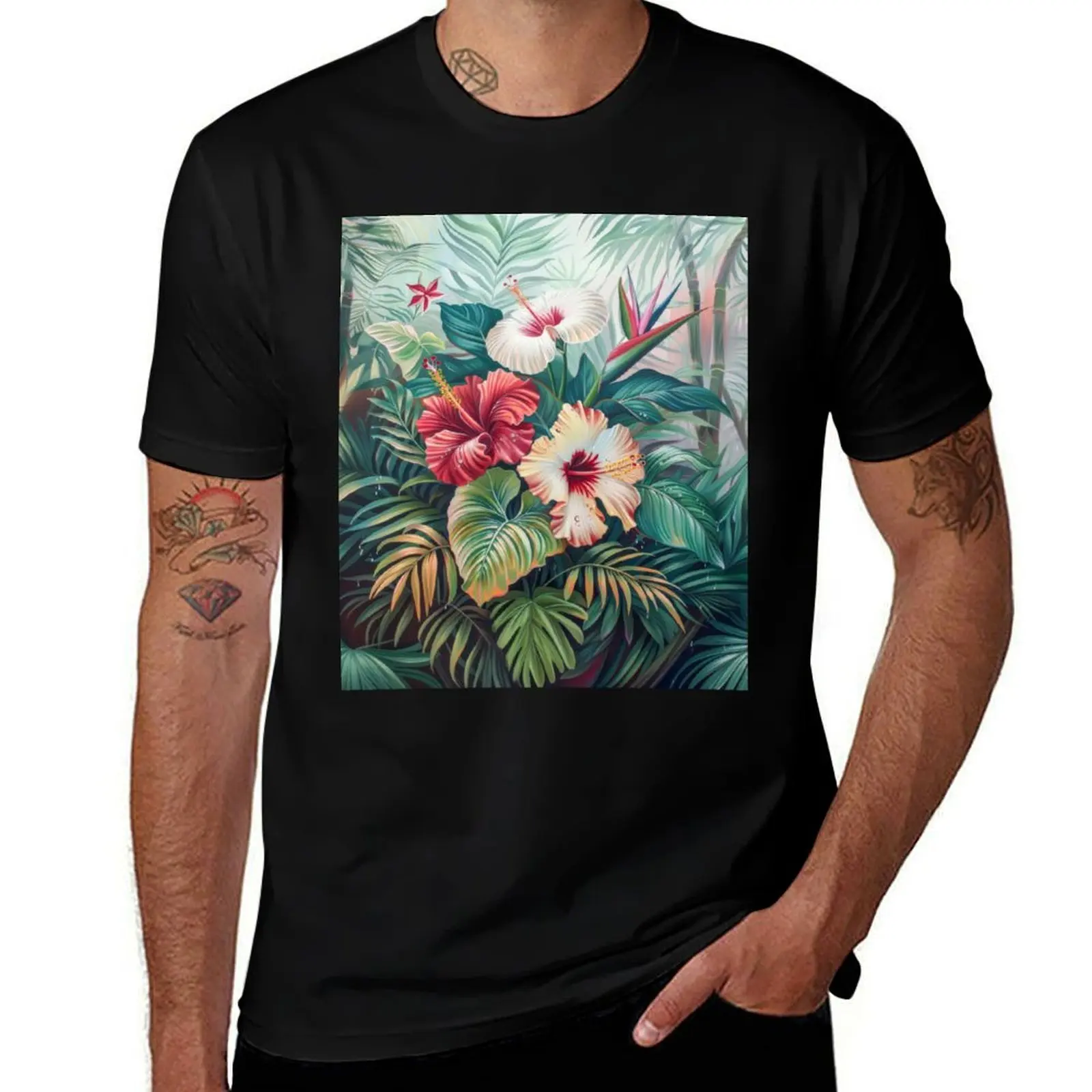 

Tropical Hibiscus Bloom with Dewdrops, Vibrant Floral Art T-Shirt Man t-shirt oversizeds affliction shirts mens funny t shirts