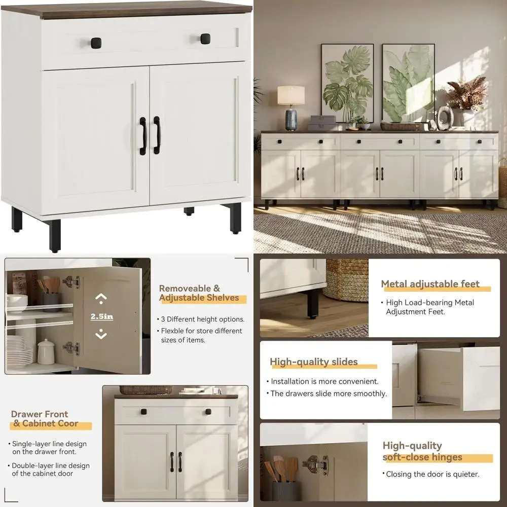 

Buet Sideboard Cabinet armhouse ern 3 in 1 Storage Cabinet with Der and Adjustable Shelves or Kitchen, Coee Bar, Living Room, Wh