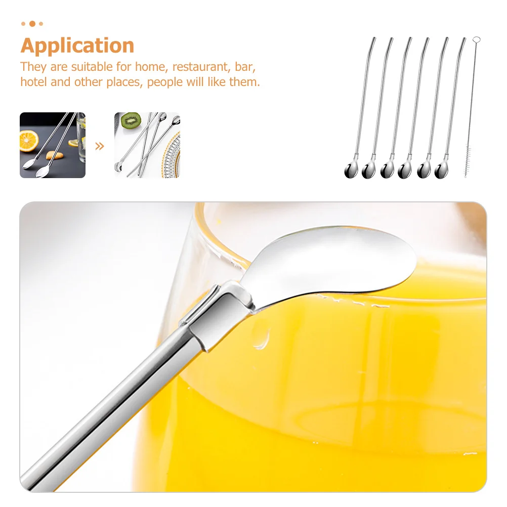 

6Pcs Stainless Steel Straw Spoons Fine Workmanship Comfortable Handle Multi-Function Spoon for Coffee Ice Cream Cake