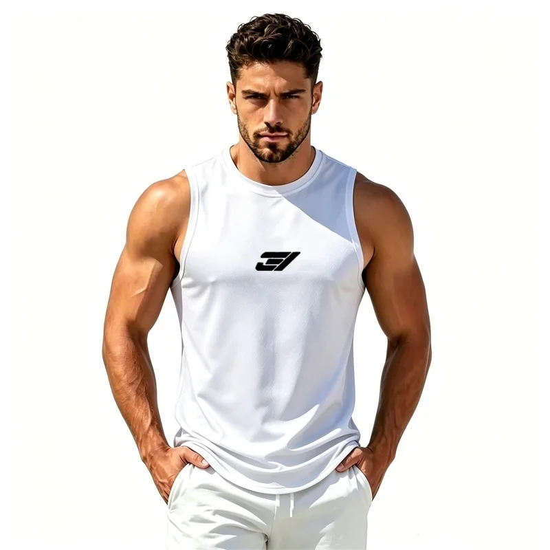 Herren-Tanktops mit Rundhalsausschnitt, ärmelloses T-Shirt, atmungsaktives, schnelltrocknendes Mesh-Material, Herren-Sommer-Workout-Freizeit-Print-Sport-Tanktops