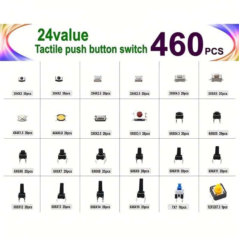 460pcs 24 Values Tactile Push Button Switch, SMD Micro Momentary Tact Switch Assortment Kit for Car Remote Control with Box