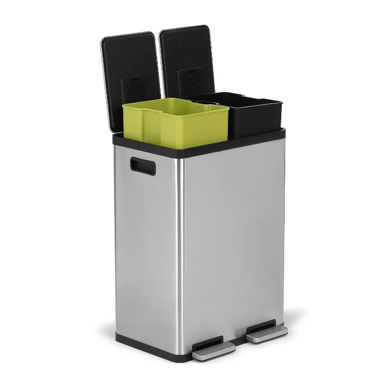 60L/16Gallon Rectangular Hands Free Dual Compartment Recycling Kitchen Step Trash Can