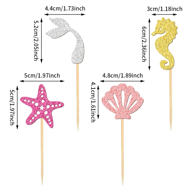 NUBECOM 24 Stück Meerjungfrau-Kuchenaufsätze für Pool- und Strandpartys, Cupcake-Topper, glitzernde Muschel, Seepferdchen, Seestern, Meerjungfrauenschwanz-Kuchen-Picks – Detail 4