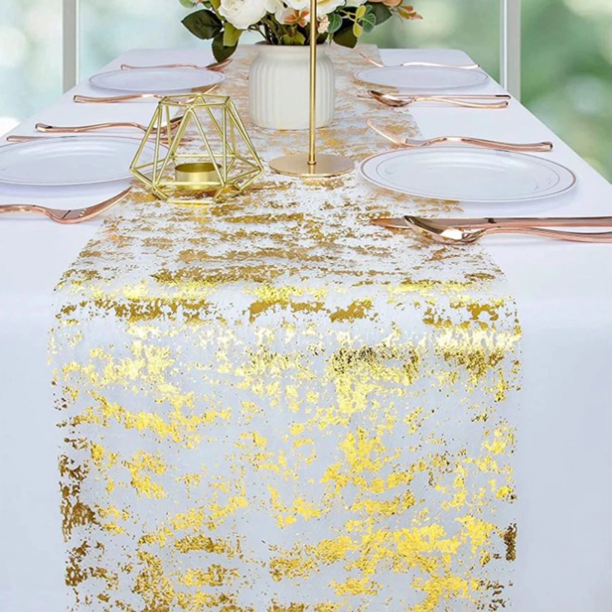 Sparkle Metallic Gold Table Runner Sequin Glitter Foil Mesh Roll Tablecloth for Wedding Event Birthday Baptism Baby Shower Decor