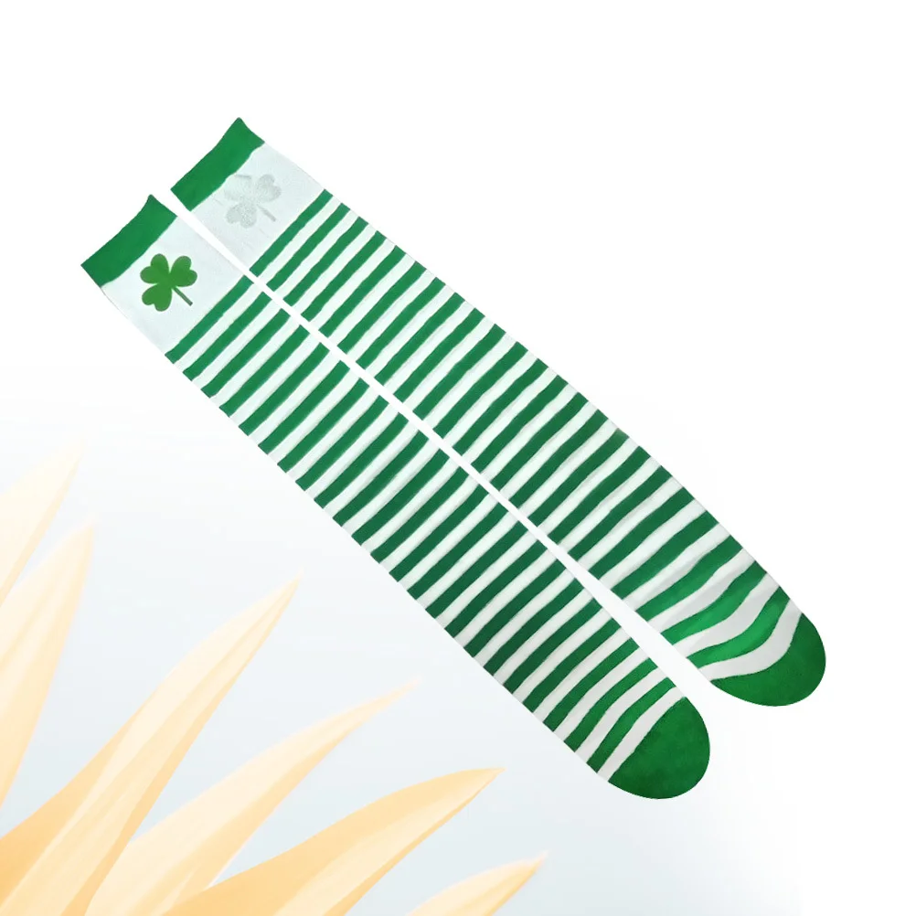 

1Pair Three Leaf Clover Striped Cotton Thigh High Stockings Durable Comfortable St Patrick's Day Socks Fashion