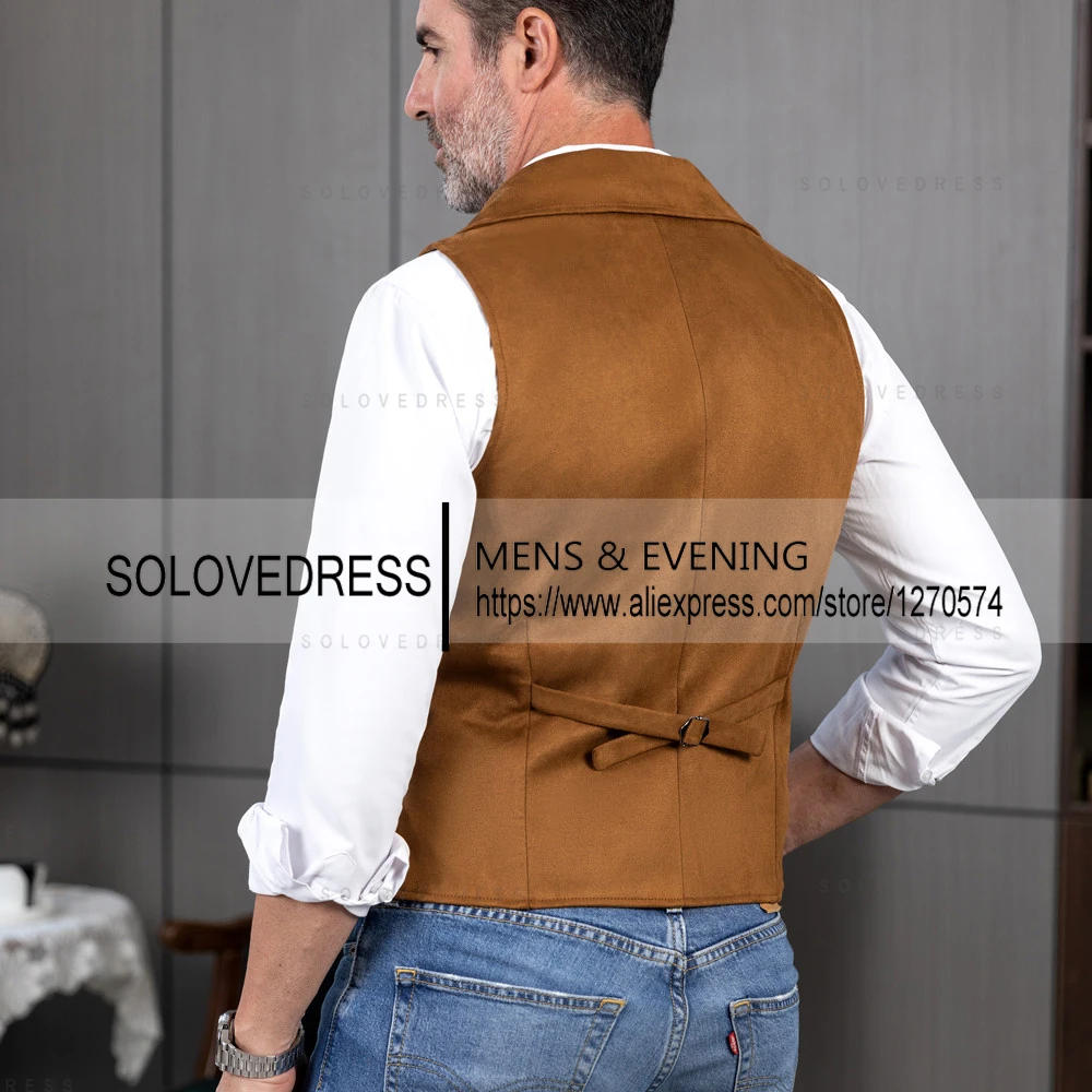 Mens Suit Suede Double Breasted Vest Classic Groomsmen Wedding Waistcoat Leather Big Lapel