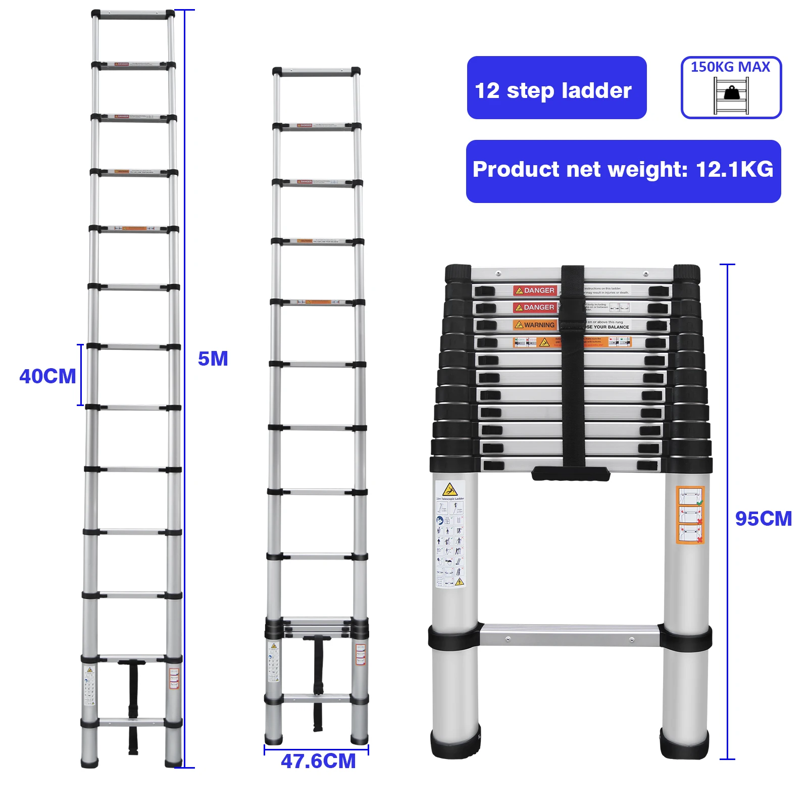 Aluminiumleiter Teleskopleiter Hochleistung 2,6M/3,2M/3,8M/4,4M/5M, A-Form 1,9M/2,5M, 6,2M mit Haken – Detail 5